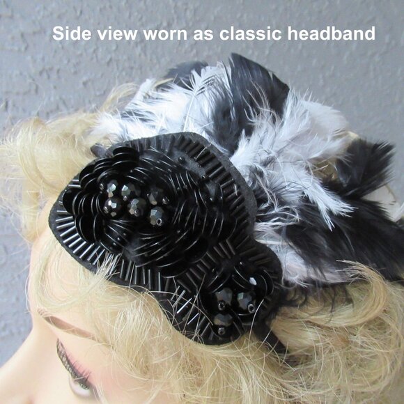 Fascinator / Headband, Black beads + black & white feathers on narrow black band - Picture 12 of 14